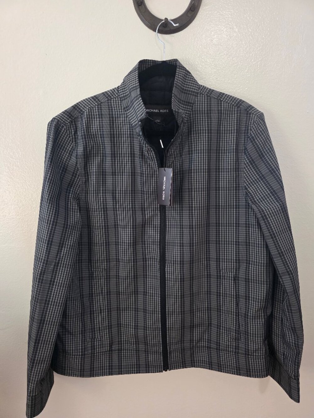 NWT Michael Kors Plaid Full Zip Harrington Bomber Jacket Black Grey L